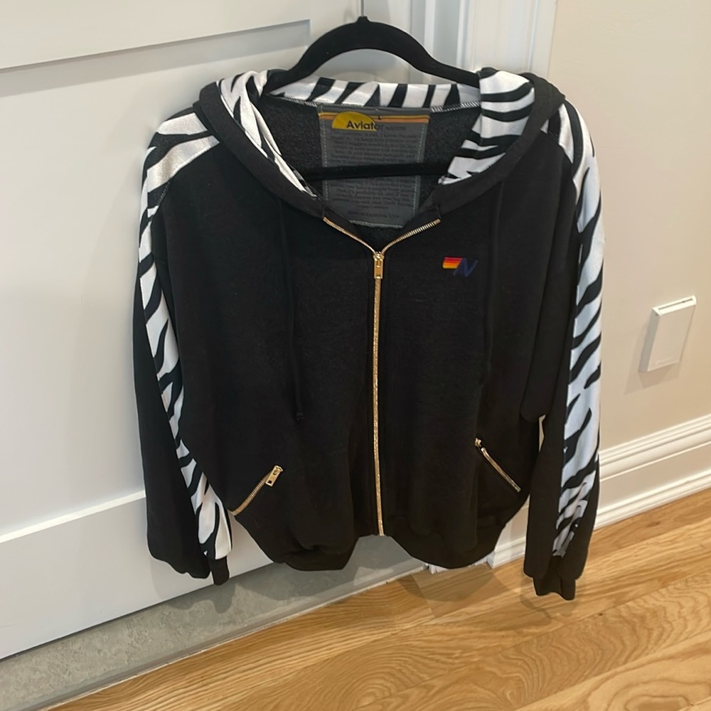 NWOT Aviator Nation ZEBRA STRIPE RELAXED ZIP HOODIE WITH POCKETS